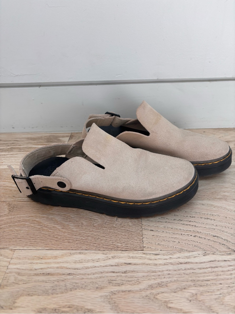 Dr. Martens Carlson Sand Beige Backstrap Clog Mules with Black Sole